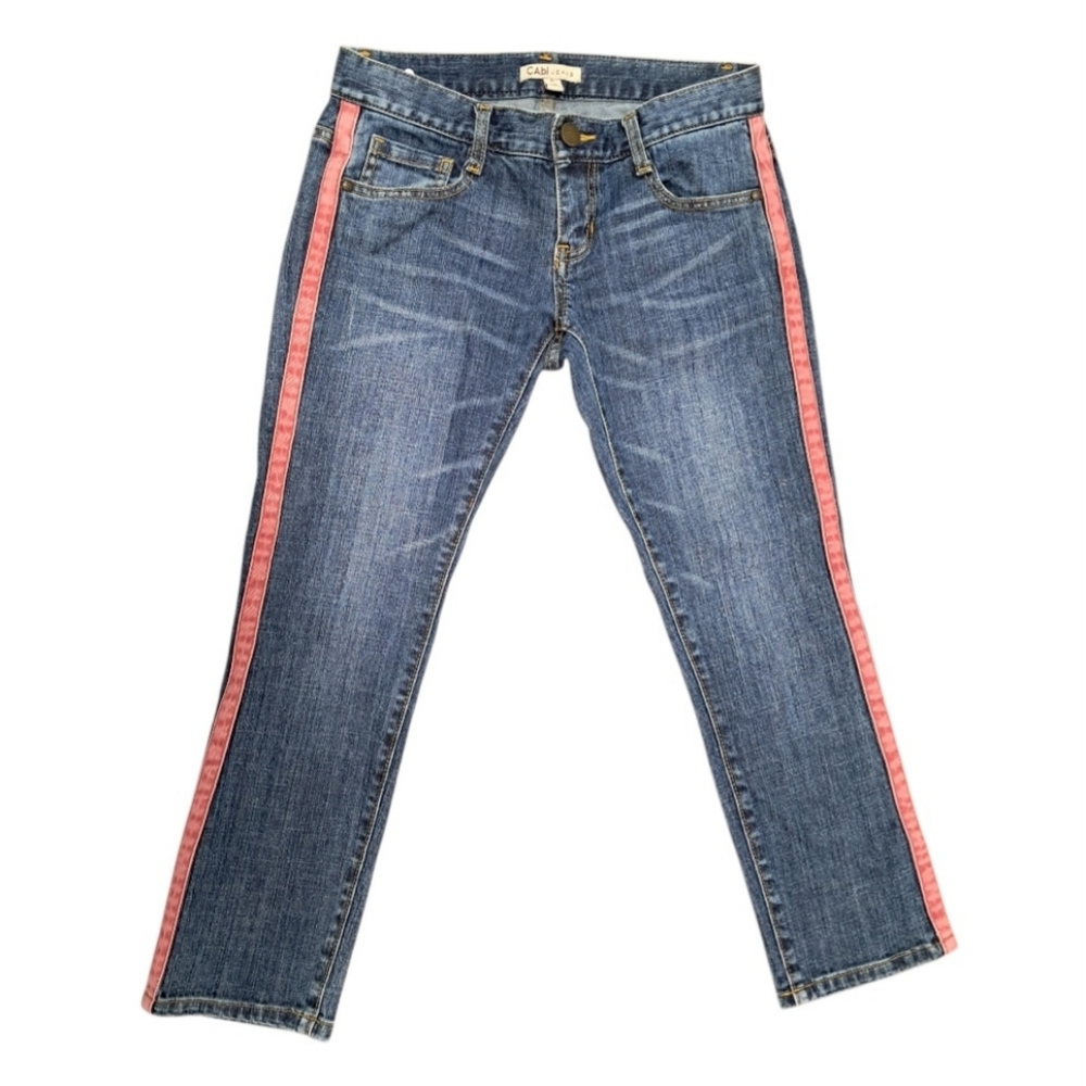CAbi Johnny Tuxedo Ankle Cropped Jeans Blue Denim Red Side Stripe Women's Size 0